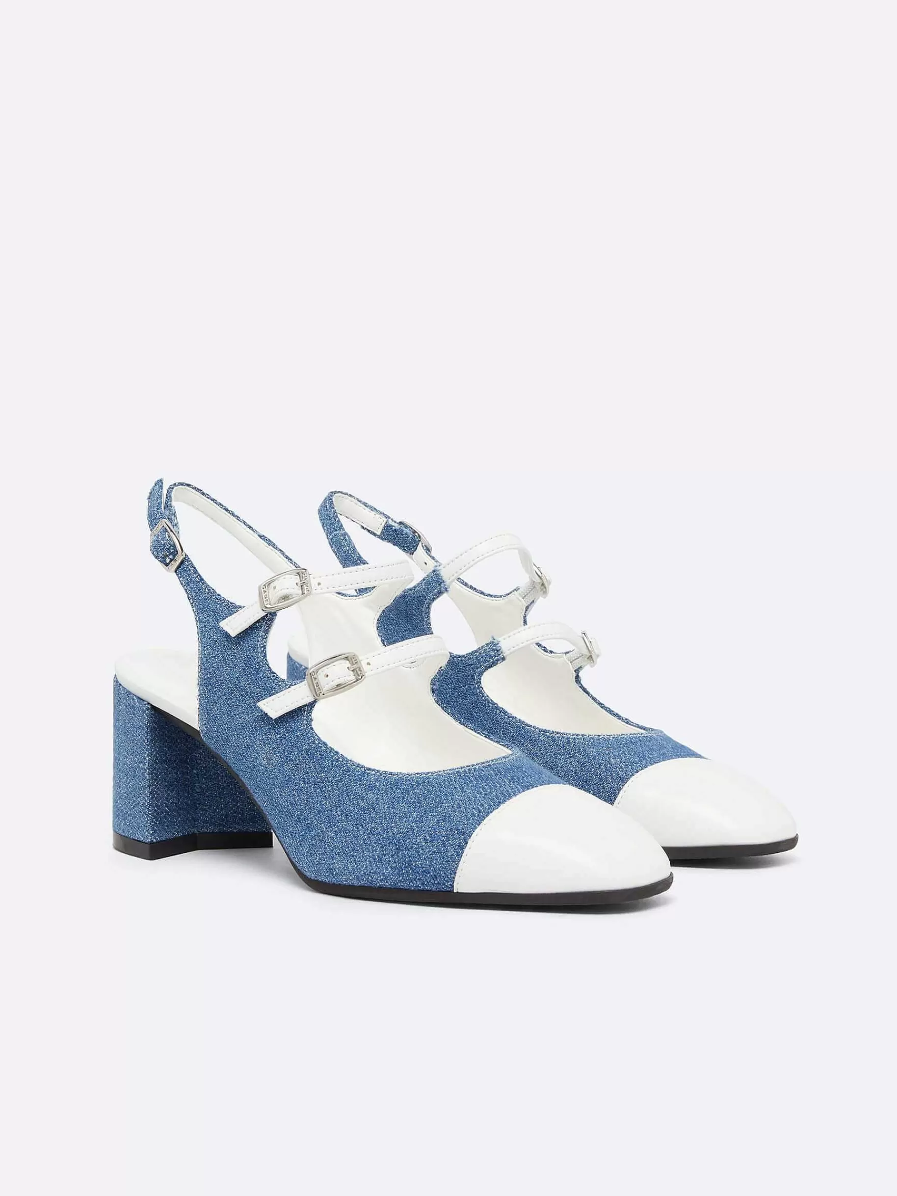 Vrouwen Carel Blauwe Upcycled Denim En Witte Appleskin Slingback Mary Janes